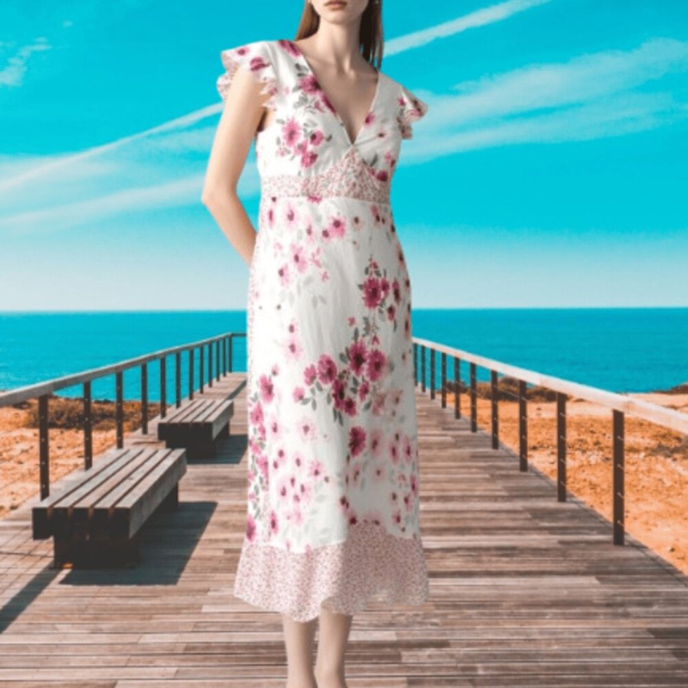 New York & Co White & Pink Floral Midi Dress w Flutter Sleeve NWT SZ 6